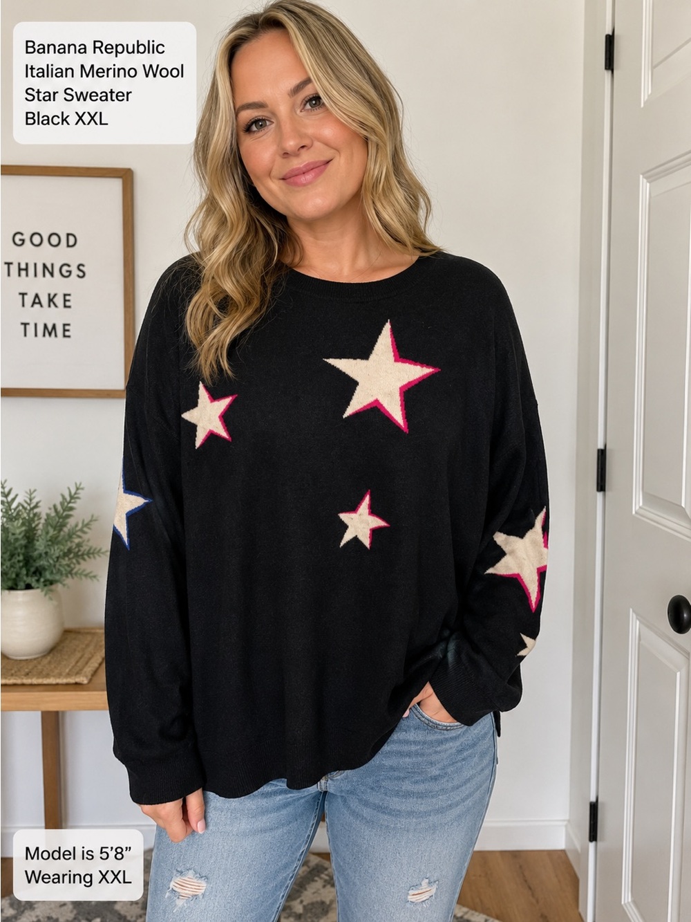 Banana Republic Italian Merino Wool Star Sweater Black XXL